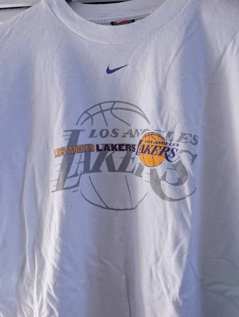 Nike White Los Angeles Lakers Graphic Long Sleeve Tee with Purple and Gold Logo